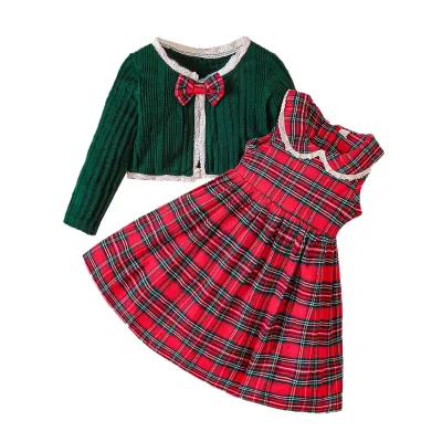 Girls' Autumn and Winter Striped Cardigan Plaid Vest Skirt Set