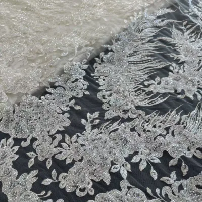 Heavy Knitted Wedding Dress Designer Gown Fabric with Crystal Sequin Beaded Mesh Embroidered Lace Pattern for Bridal Dress Girls