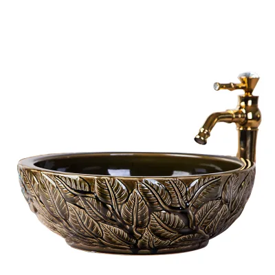 Ceramic Art Washbasin Hotel Sink European American Style Retro Carved Round Countertop Basin Hand-Carved Single Hole