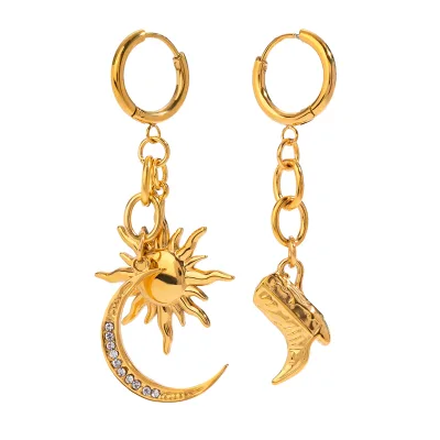 J&D 18K Gold Stainless Steel Drop Earrings White Rhinestone Moon Sun Pattern Hammer Shoe Hanging Ear Buckle