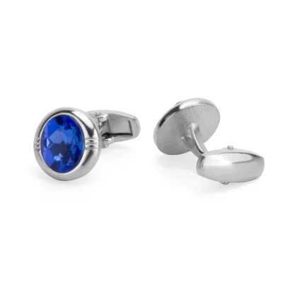 Daili Sleek Modern Silver Oval Zinc Alloy Cufflinks Concave Groove Rim Bright Blue Crystal for Daily Office Cuff Links for Men