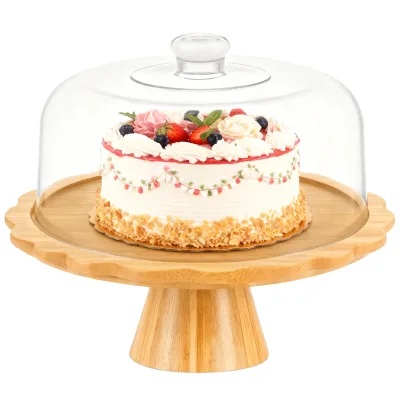 Bamboo Cake Stand With Dome Multi Function 6 in 1 Cake Holder Serving Platter Decorative Display Cake Stand With Lid