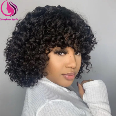 Short Water Wave V PartLace Frontal Human Hair Wig With Bangs Remy Virgin Peruvian Wig With Baby Hair Curly Bob Wigs