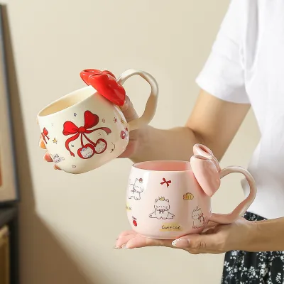 Cute Cat Ceramic Mug with Bow High-Appearance Coffee Cup for Women Household Water Cup Perfect Valentine's Day Gift for Couples