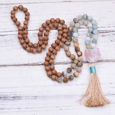 Trend Amazonite Jasper Sandal Wood Beads Tassel Necklace Yoga 108 Beads Mala Necklace Large Irregular Stone Pendant Necklace