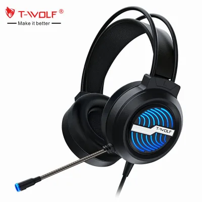 T-WOLF H130 Wired USB Gaming Headphones Microphone Active Noise Cancellation (ANC) LED Colorful Lights for Computer Laptop