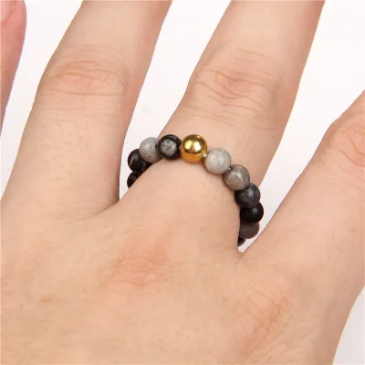 Handmade 4mm Natural Stone Rings Aquamarine Amethyst Beaded Elastic Ring Gold Pearl Unisex