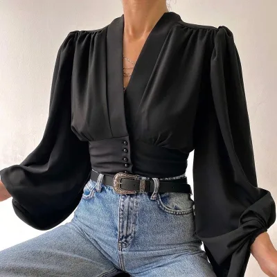 Hot Selling Office Ladies Elegant Tops Female Trendy Blouses Blusas V Neck Print Lantern Long Sleeve Shirts for Women