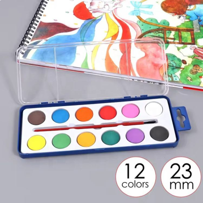 Water Color 12 Vivid Colors Washable Solid Watercolor Paints Sets for Water Color Painting with Plastic Box Package