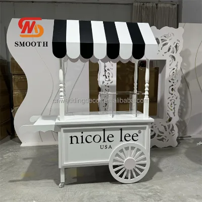 Smooth Black White Stripes Food Carts Party Decoration Dessert Party Cart White PVC Candy Cart with Wheels