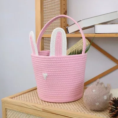 Cotton Rope Round Woven Cartoon Rabbit Basket Storage Organizer Easter Bunny Baskets