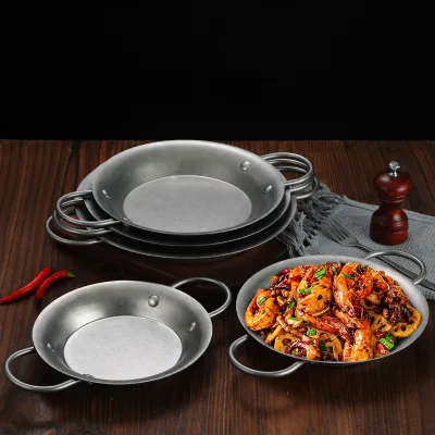 Retro Outdoor Stainless Steel Valencian Paella Fry Pan Crayfish Skillet Salad Pan Serving Seafood Tray
