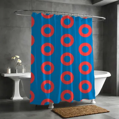 Contemporary Circle Print Shower Curtain, Blue Red Pop Art Style Polyester Waterproof Mildew Proof Bath Curtain for Bathroom