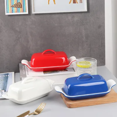 Ceramic Double Handle Butter Dish with Ceramic Lid, 8.5 Inch Length, Multi-Color Available, Customizable