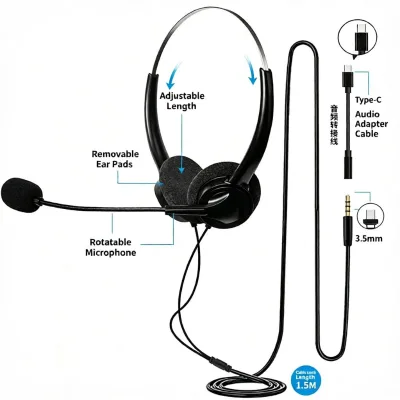 Ultra Thin Dual Ear Office Telephone Headset with Flexible Mic Detachable Foam Ear Pads Customer Service Wired Headphone