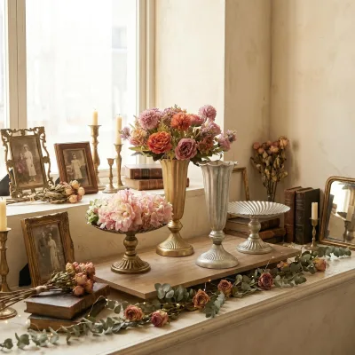 European Vintage Gold Retro Silver Vertical Stripe High-leg Iron Dried Flower Vase Flower Container Planter Pot for Wedding Home