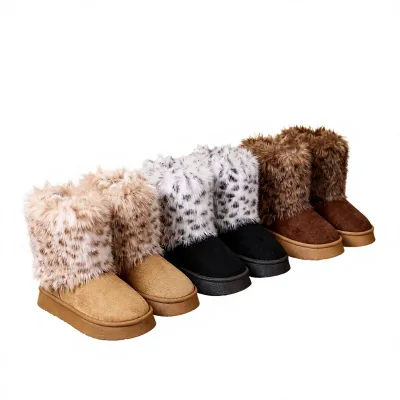 Women's Winter Leopard-Print High-Top Fur & Leather Boots Thick Sole Non-Slip Warm Artificial Plush Lining Wholesale