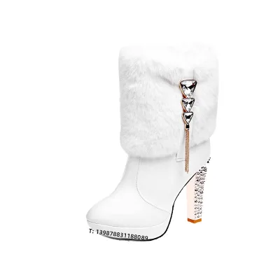 Artificial PU Ankle Boots Rhinestones Chunky Heels Pointed Toes Side Zippers Winter Leisure Wear-resistant Cotton Lining