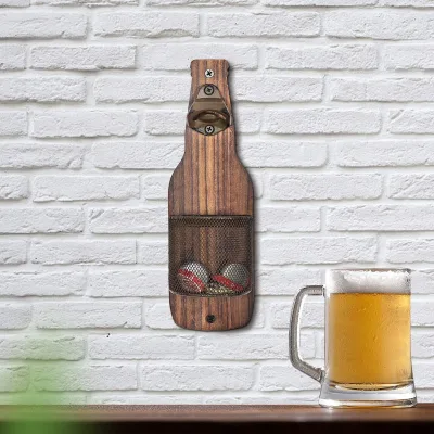 Wholesale Wood Beer Opener Custom Logo Packaging Wall Hanging Bottle Opener With Caps Storage Basket Bulk Supply