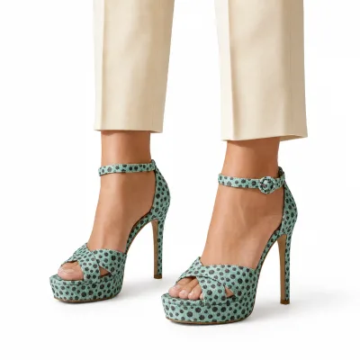 Custom Mint Green Spotted Hair-On Platform Sandals for Women Ankle Strap Stiletto Heels OEM ODM Wholesale Shoe Factory