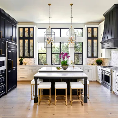 Custom Black and White Kitchen Cabinets with Brass Pulls, Contemporary Farmhouse Style with Glass Front Cabinets & Marble Island