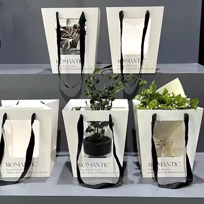 Trapezoidal Kraft Paper Tote Bag with Minimalist Design Transparent Raised Sides for Gift & Craft Packaging