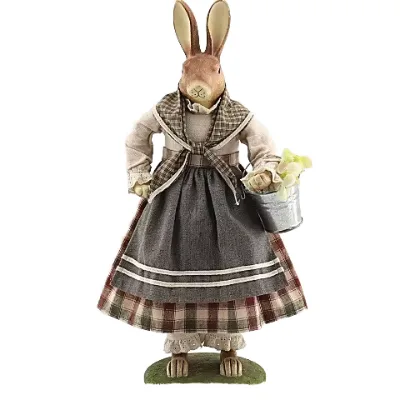 45cm Cute Grey Plaid Dress Suit Easter Bunny Head Tabletop Doll Ornament Poly Standing Female Rabbit Figurine Decoration