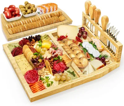 Charcuterie Cheese Boards Set,Bamboo Cheese Tray Platter with Knife Bowls,Lightweight Meat Cheese Board,Cheese Utensils Included