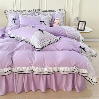 Bedsheet Style Pleated Mesh Lace Black Butterfly Ruffle Four Piece Set Bedding Set