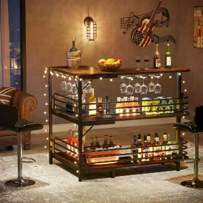 Liquor Bar Table with Storage Shelves and Wine Glasses Holder, 3 Tier Industrial Corner Wine Bar Cabinet Mini Bars