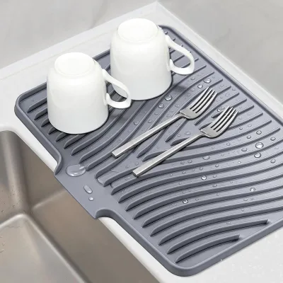 Large Self-Draining Silicone Dish Drying Mat for Kitchen Heat Resistant Silicone Draining Mat with Slope Flow Design Sink Pad