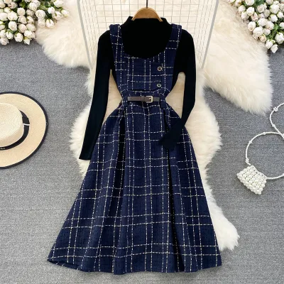 Autumn and winter vintage style stand collar bottom sweater two-piece plaid suspenders skirt