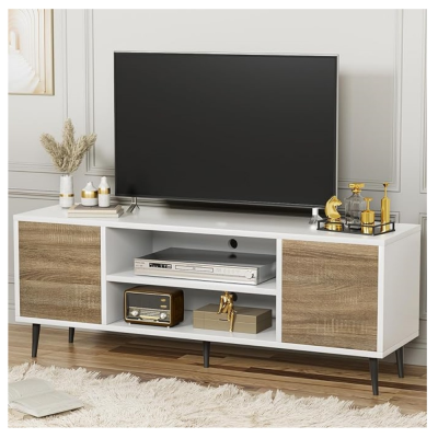 Modern TV Stand for 65 Television, Entertainment Center with Two Storage Cabinets, Retro Style Media Console, White and Coffee
