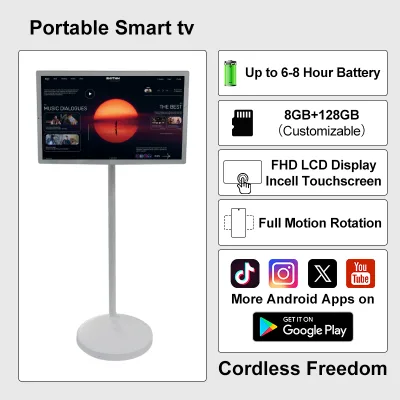 27-Inch Smart LED TV QLED Backlight HDTV with White Cabinet for Cooking Events Mobile Work & Battery-Powered Movable Display