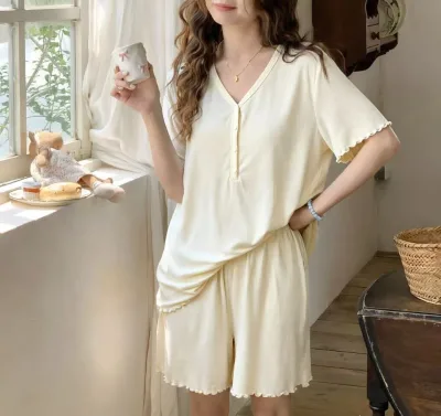 Factory Wholesale/OEM Modal Spandex Short-sleeve Shorts Nursing Set Built-in Breast Pads Cartoon Pattern Maternity