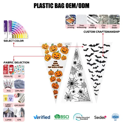 Factory Custom Print Logo Disposable Transparent OPP Triangle Cone Candy Party Favors Bags Clear Cellophane Treat Bags