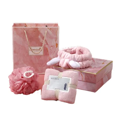 3 in 1 Bath Towel Set Loofah Mesh Puff Sponge for Shower Soft Cotton Towel Fashion Hair Band Best Gift for Women/Girls Bath Set