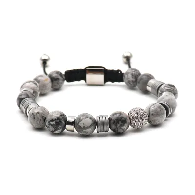 Unisex Trendy Silver Plated Ball-Shaped Natural Stone Adjustable Beaded Bangles Gifts