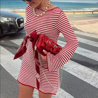 2026 New Women Vintage Striped Knitted Mini Dress Y2K Long Sleeve Slim Short Sweater Dress Elegant Ladies Holiday Beachwear