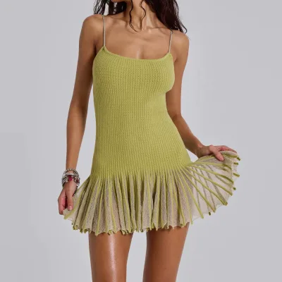 Lime Green Spaghetti Strap Knit Mini Dress Textured Ribbed Bodice Tulle Pleated Ruffle Hem Bodycon Summer Vacation Club Dress