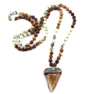 Women 8mm Lava Pic Jasper Amazonite Multi Stone Long Knotted Handmade Crystal Teeth Pendant Necklace 108 Bead Mala Necklace