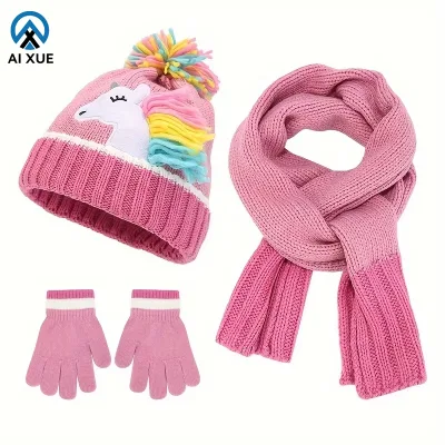 Autumn Winter Girls Wool Beanie Set Handmade Two-Piece Knitted Unicorn Suit Customizable Size Bows/Camouflage Scarf Gloves