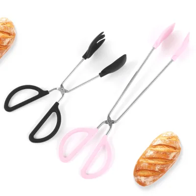 Long Handle Stainless Steel Tongs Silicone Tips Heat Resistant Non-Stick Salad Bread BBQ Grilling Clamps