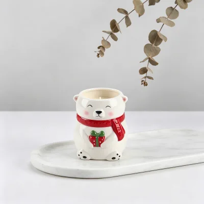 White Polar Bear Ceramic Candle Holder with Red Scarf and Gift Christmas Decorative Candle Container
