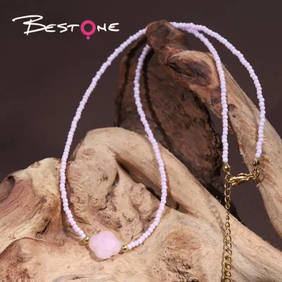 Bestone Fashion Necklace Pink Seed Beads Girls Necklace Cute and Religious Style for Women With Flower Pendant