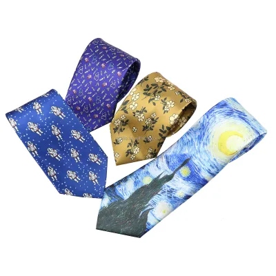 Spaceman Cartoon Design Floral Tie Polyester Print 8cm Luxury Necktie Funny Cravat Party Banquet Suit Tuxedo Gift for Men Daily