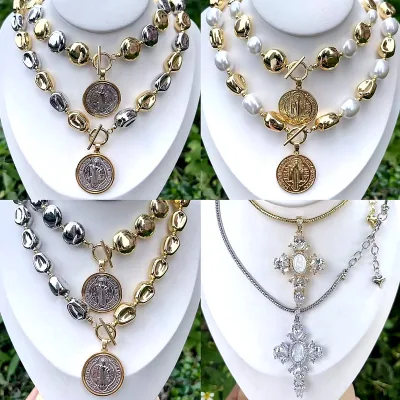 CH-LHN1385 Luxury San Benito/Cross Necklace Plated Religion Pendant Necklace Wholesale Gold Ball Pearl Beads Chain Necklace