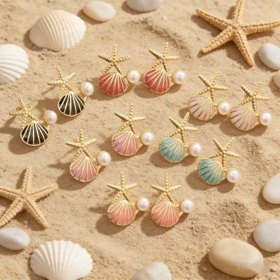 Women's Korean-style Ocean-themed Seashell & Geometric Design Stud Earrings 18K Gold Plated Stainless Steel Jewelry for Party