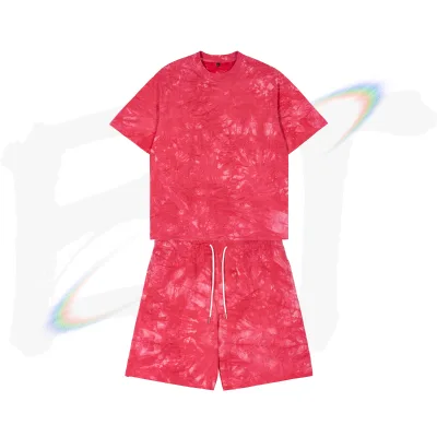 100% Cotton Oversized Tshirt and Shorts Two Piece Custom logo Matching Tie-dye Set Hight Street Fashion Men Set