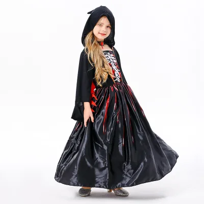 Halloween Girls Female Death Dress Horror Skeleton Vampires Witch Punk Skull Suit Kids Cosplay Party Skeleton Stage Costume